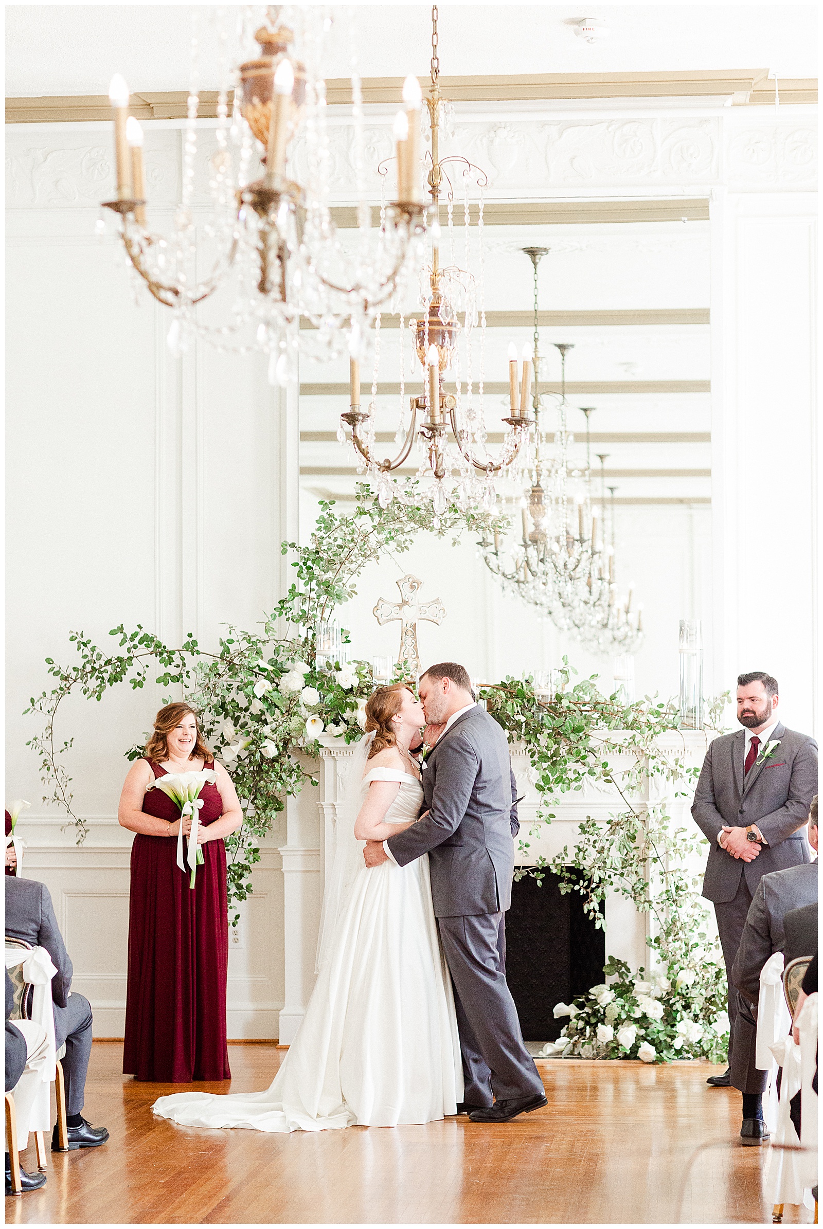 Gorgeous and elegant indoor floral venue in 1940s Modern Vintage Wedding Ceremony in Charlotte, NC | check out the full wedding at KevynDixonPhoto.com 