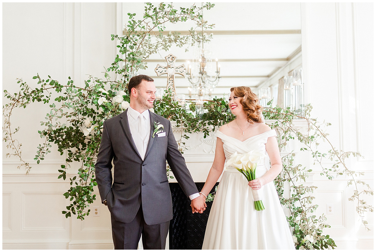 Gorgeous Bride Groom Portraits at elegant indoor floral venue in 1940s Modern Vintage Wedding in Charlotte, NC | check out the full wedding at KevynDixonPhoto.com