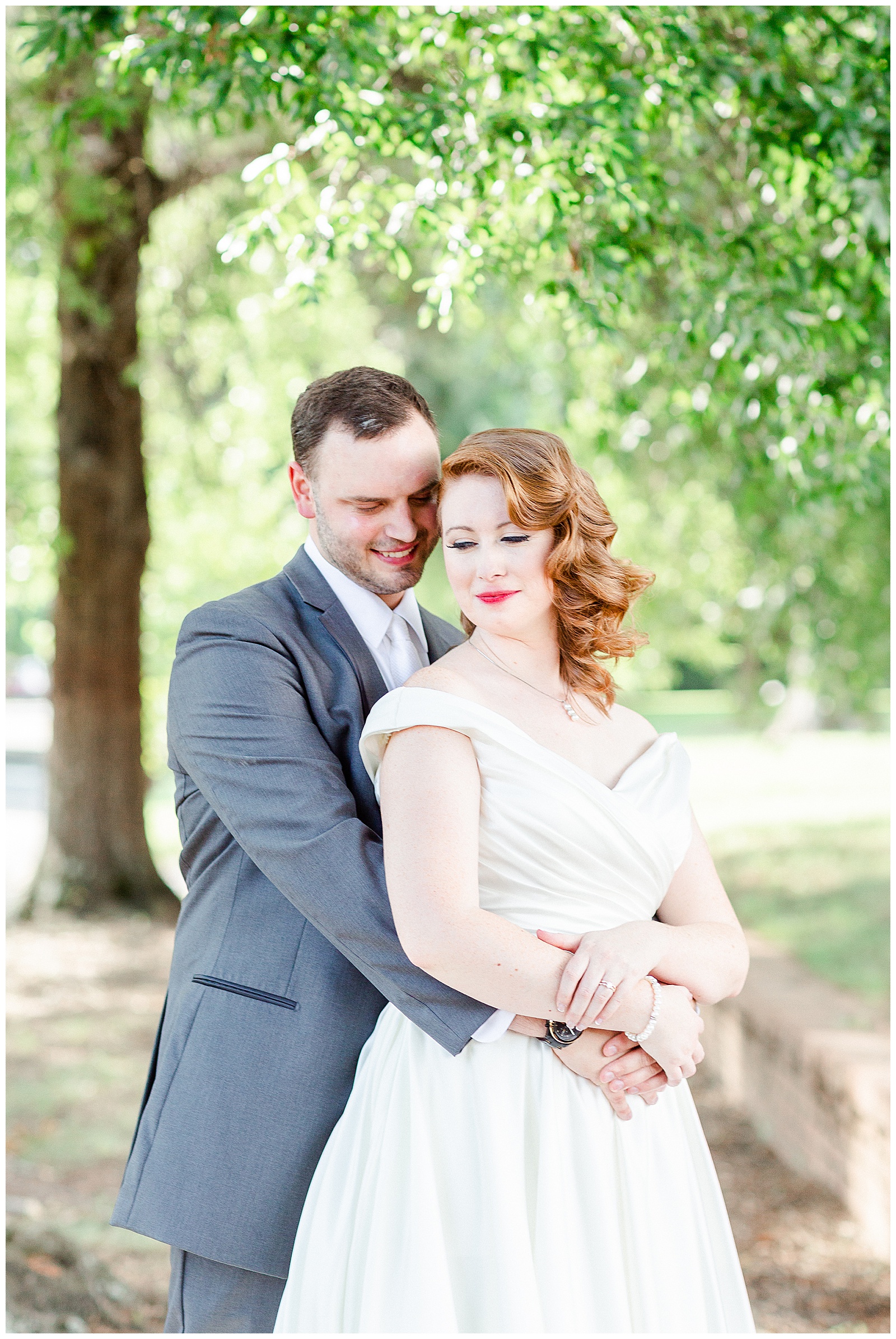 Elegant Red-Haired Bride and groom outdoor portraits for Gorgeous 1940s Modern Vintage Wedding in Charlotte, NC | check out the full wedding at KevynDixonPhoto.com