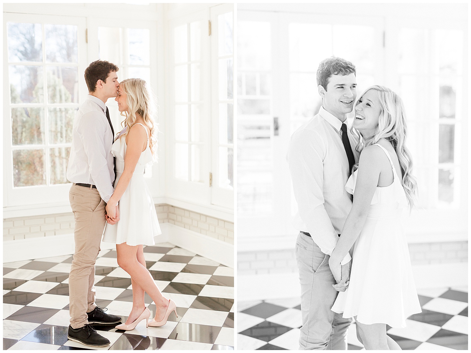 Adorable Couple Posing in Gorgeous Light and Airy Separk Mansion Engagement Session - classy black and white dress outfit ideas