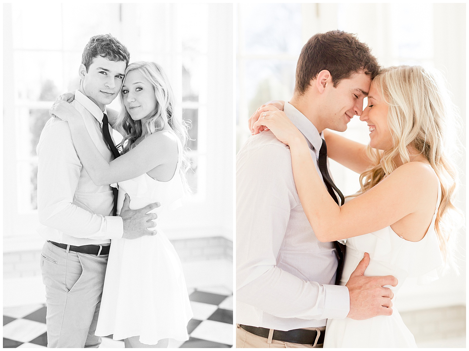 Adorable Couple Posing in Gorgeous Light and Airy Separk Mansion Engagement Session - classy black and white dress outfit ideas