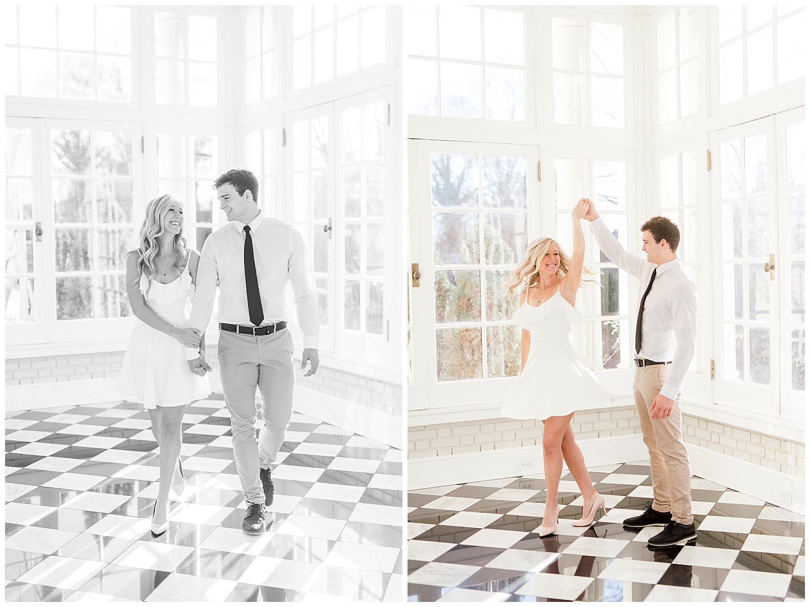 Adorable Couple Posing in Gorgeous Light and Airy Separk Mansion Engagement Session - classy black and white dress outfit ideas