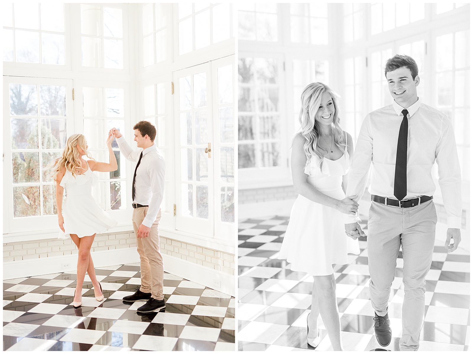 Adorable Couple Posing in Gorgeous Light and Airy Separk Mansion Engagement Session - classy black and white dress outfit ideas