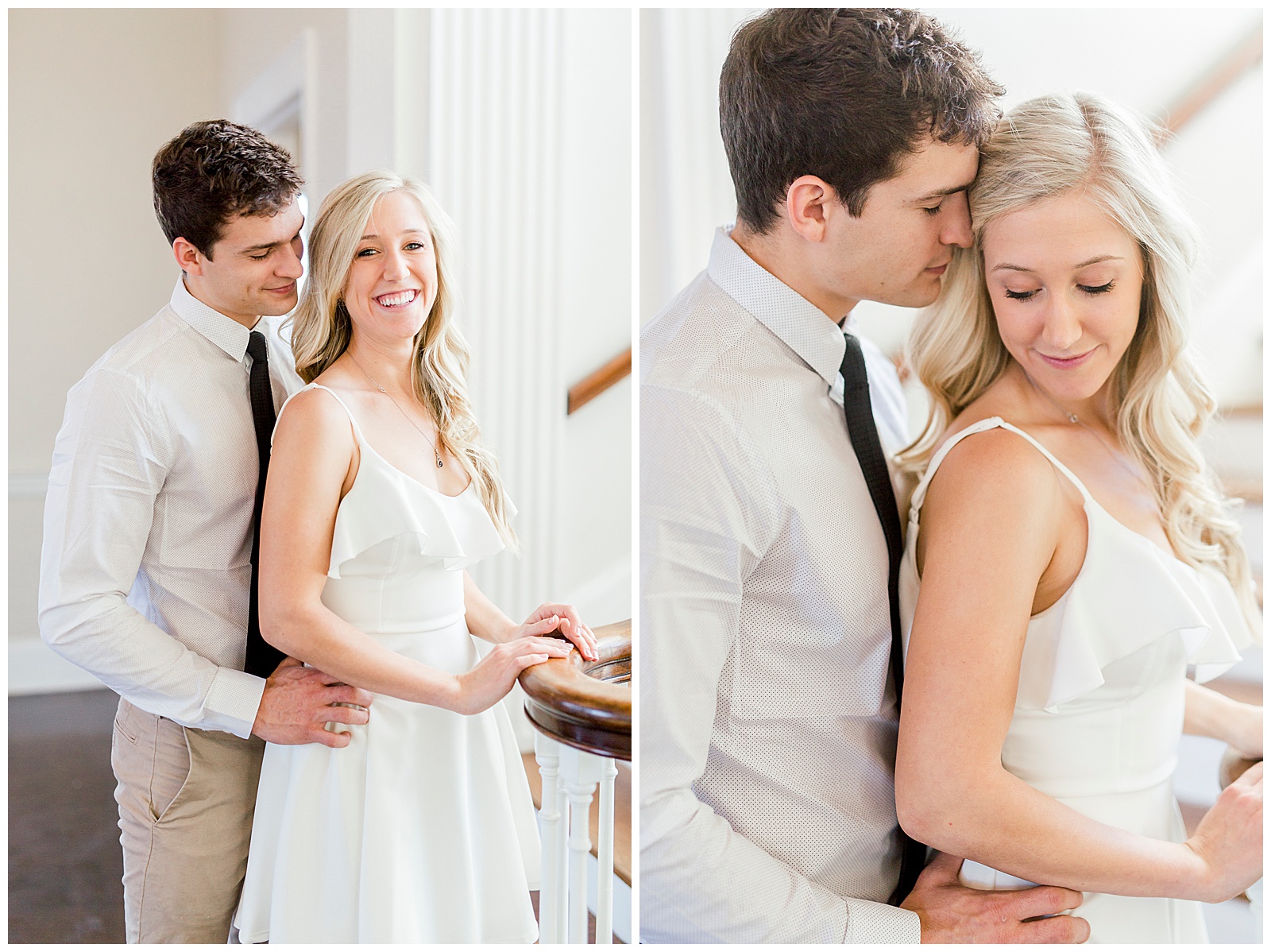 Adorable Couple Posing in Gorgeous Light and Airy Separk Mansion Engagement Session - classy black and white dress outfit ideas