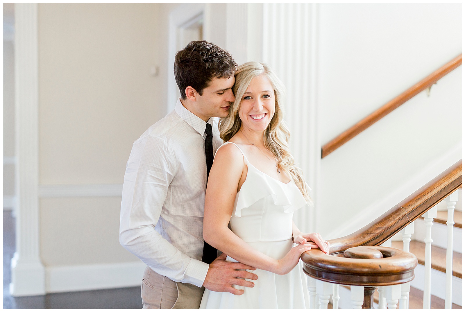 Adorable Couple Posing in Gorgeous Light and Airy Separk Mansion Engagement Session - classy black and white dress outfit ideas
