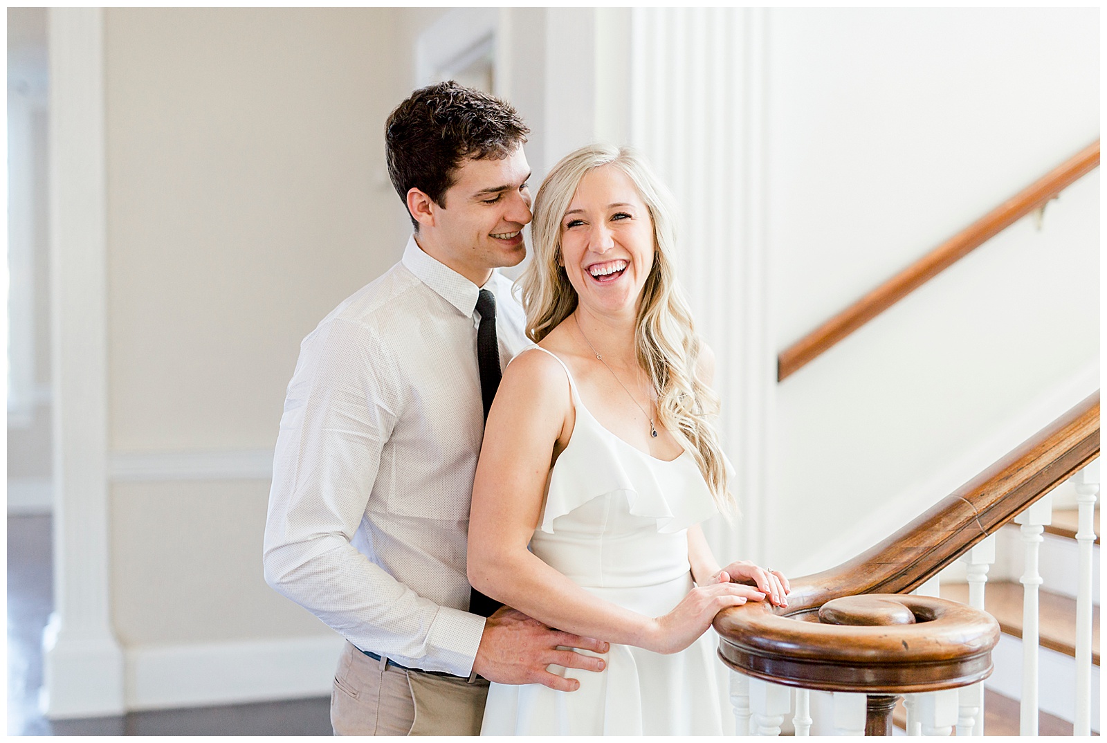 Adorable Couple Posing in Gorgeous Light and Airy Separk Mansion Engagement Session - classy black and white dress outfit ideas