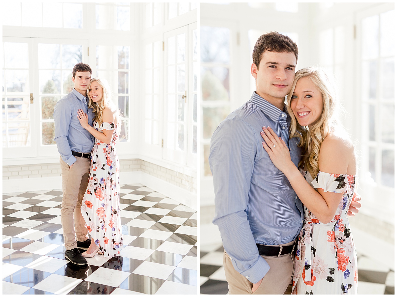 Adorable Couple Posing in Gorgeous Light and Airy Separk Mansion Engagement Session - classy cute floral maxi dress outfit ideas
