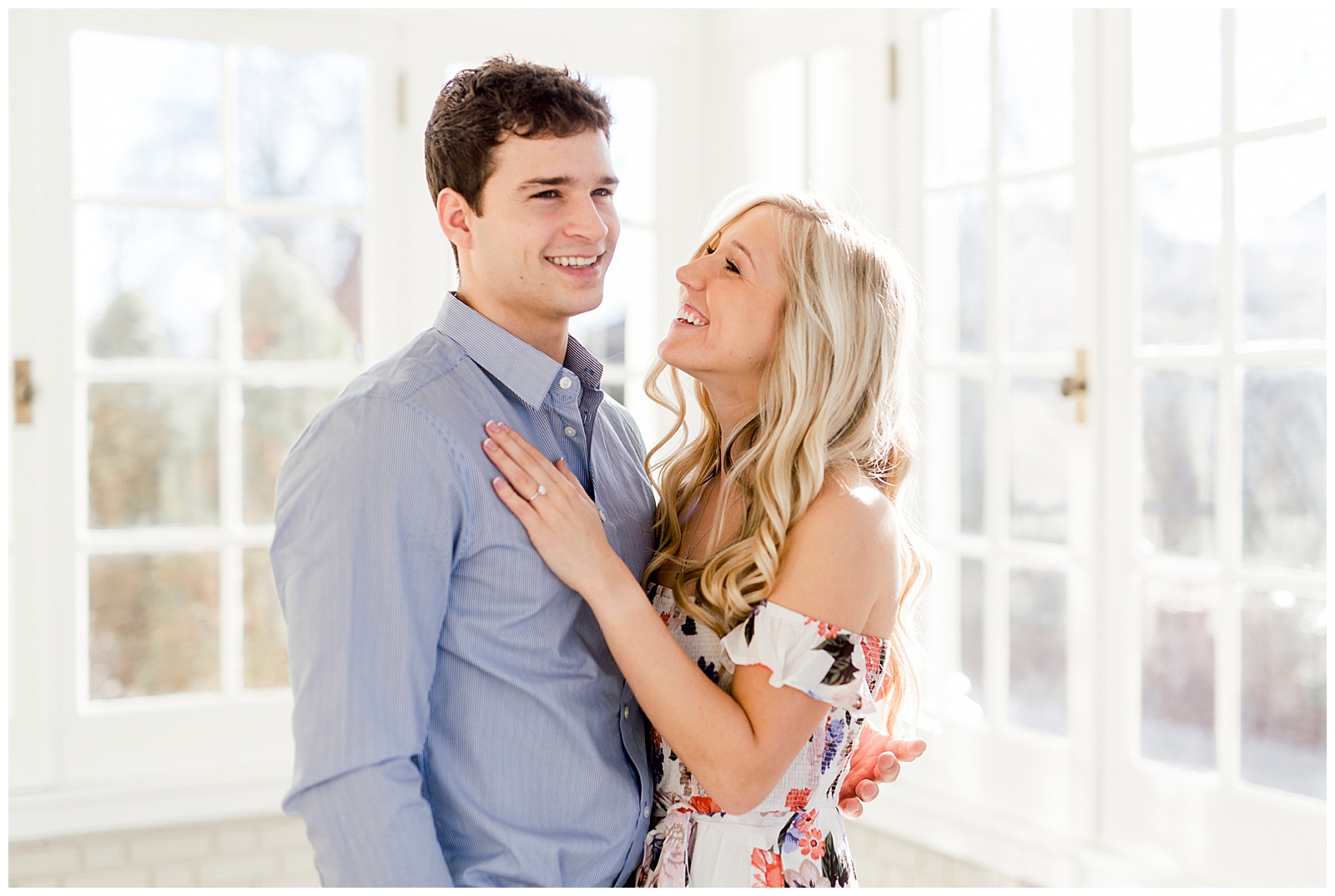 Adorable Couple Posing in Gorgeous Light and Airy Separk Mansion Engagement Session - classy cute floral maxi dress outfit ideas