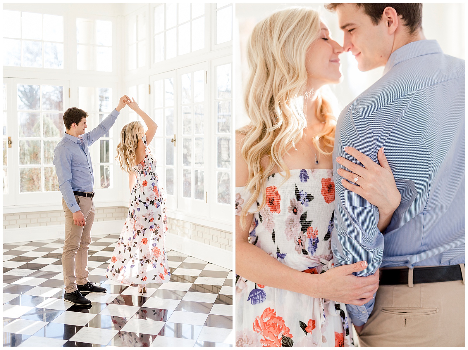 Adorable Couple Posing in Gorgeous Light and Airy Separk Mansion Engagement Session - classy cute floral maxi dress outfit ideas