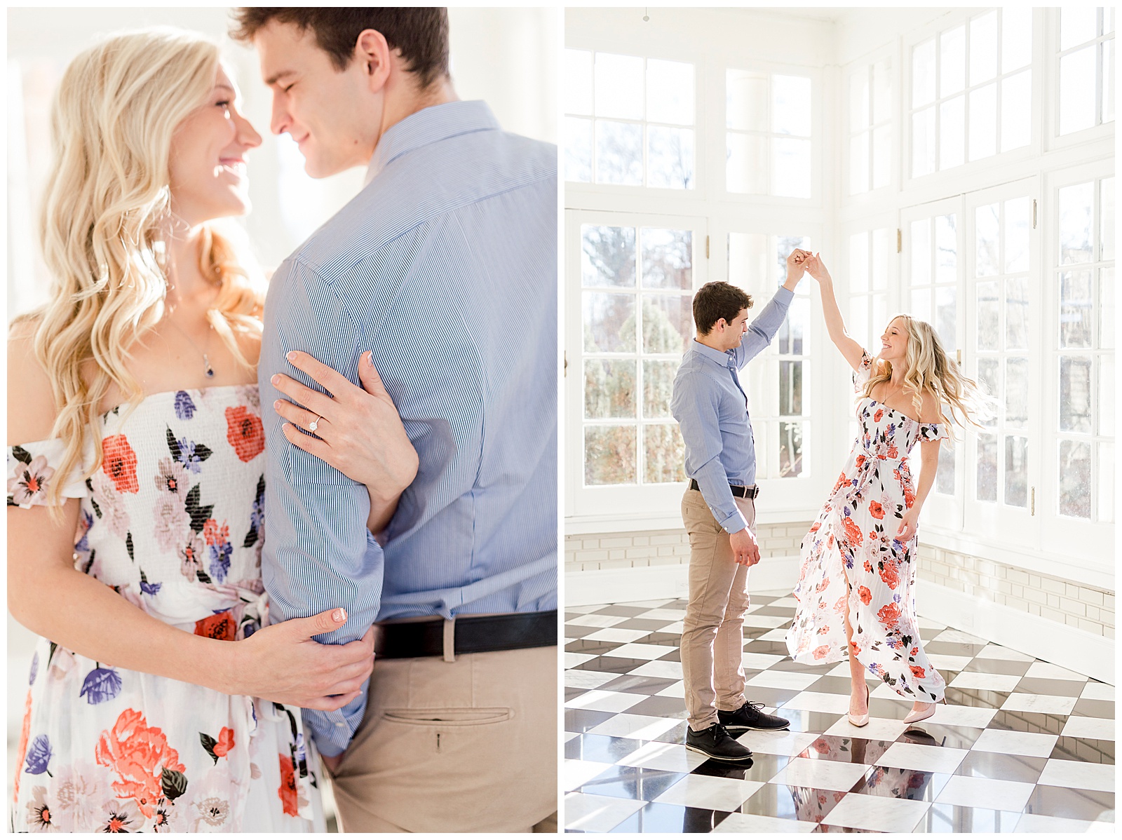 Adorable Couple Posing in Gorgeous Light and Airy Separk Mansion Engagement Session - classy cute floral maxi dress outfit ideas