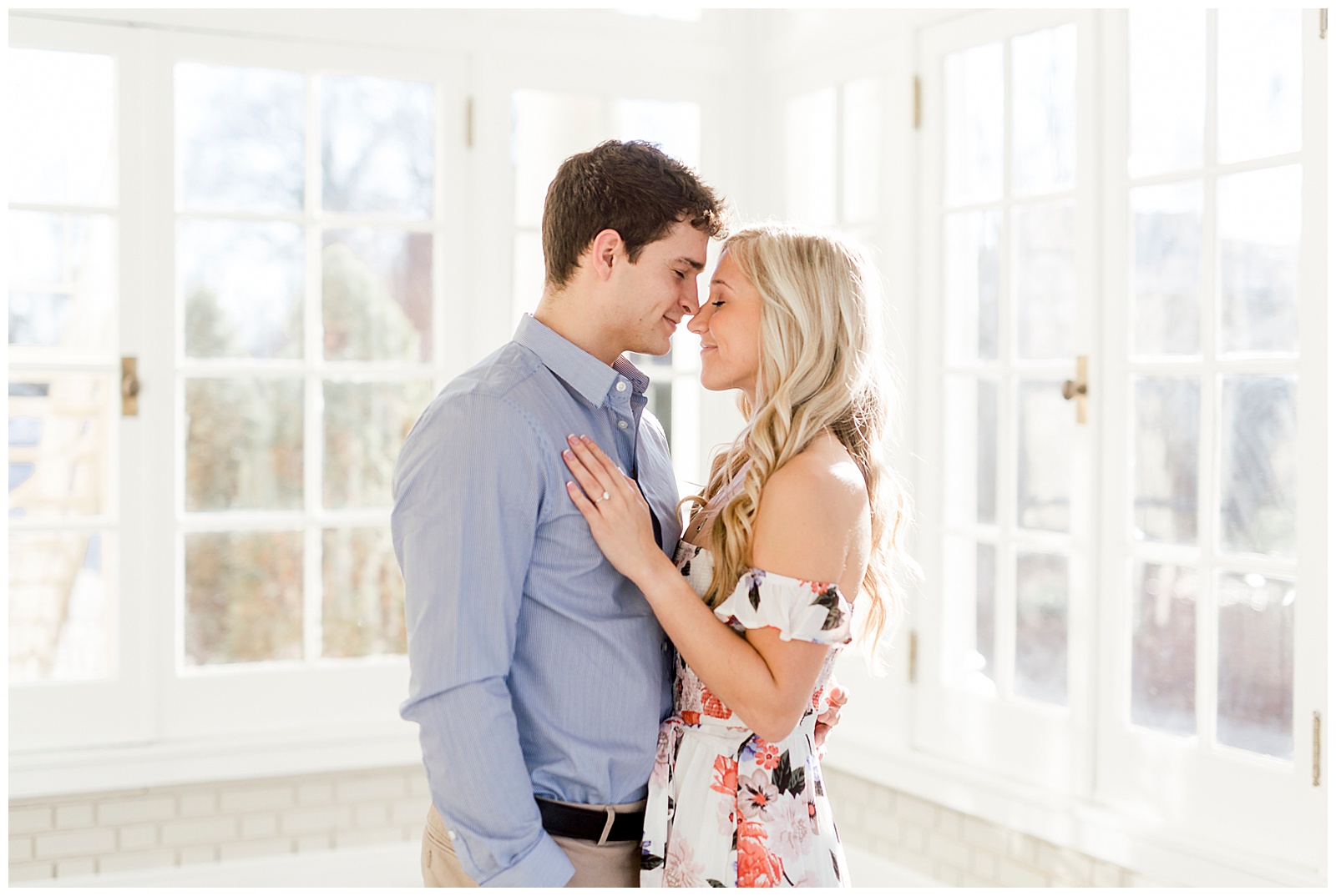 Adorable Couple Posing in Gorgeous Light and Airy Separk Mansion Engagement Session - classy cute floral maxi dress outfit ideas