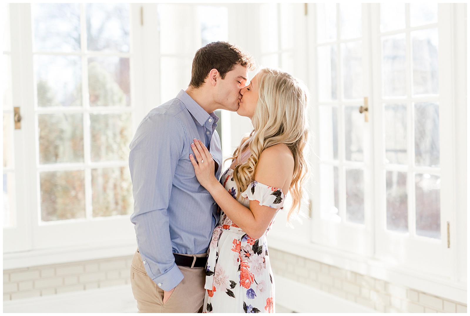 Adorable Couple Posing in Gorgeous Light and Airy Separk Mansion Engagement Session - classy cute floral maxi dress outfit ideas