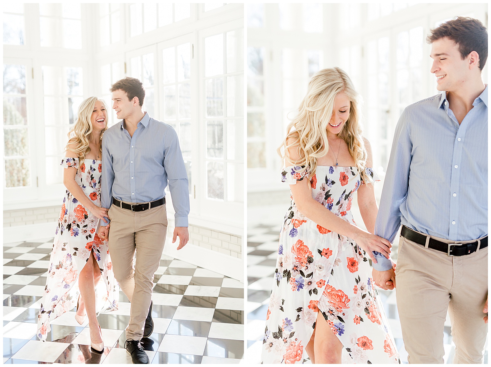 Adorable Couple Posing in Gorgeous Light and Airy Separk Mansion Engagement Session - classy cute floral maxi dress outfit ideas