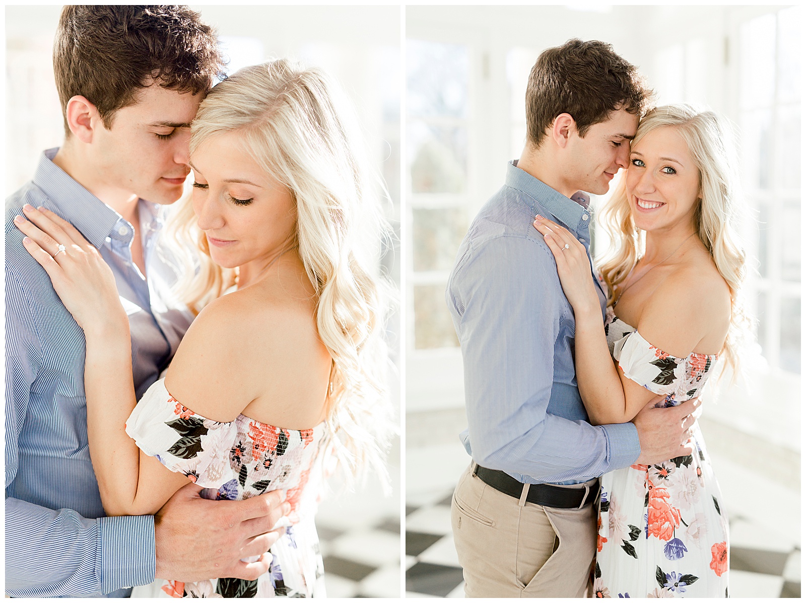 Adorable Couple Posing in Gorgeous Light and Airy Separk Mansion Engagement Session - classy cute floral maxi dress outfit ideas