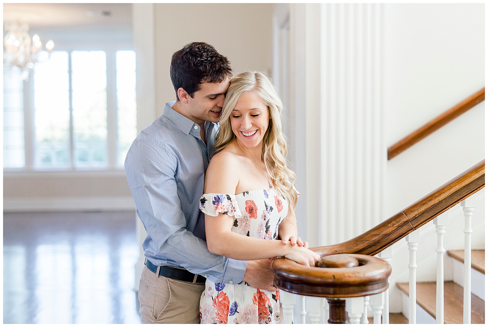 Adorable Couple Posing in Gorgeous Light and Airy Separk Mansion Engagement Session - classy cute floral maxi dress outfit ideas