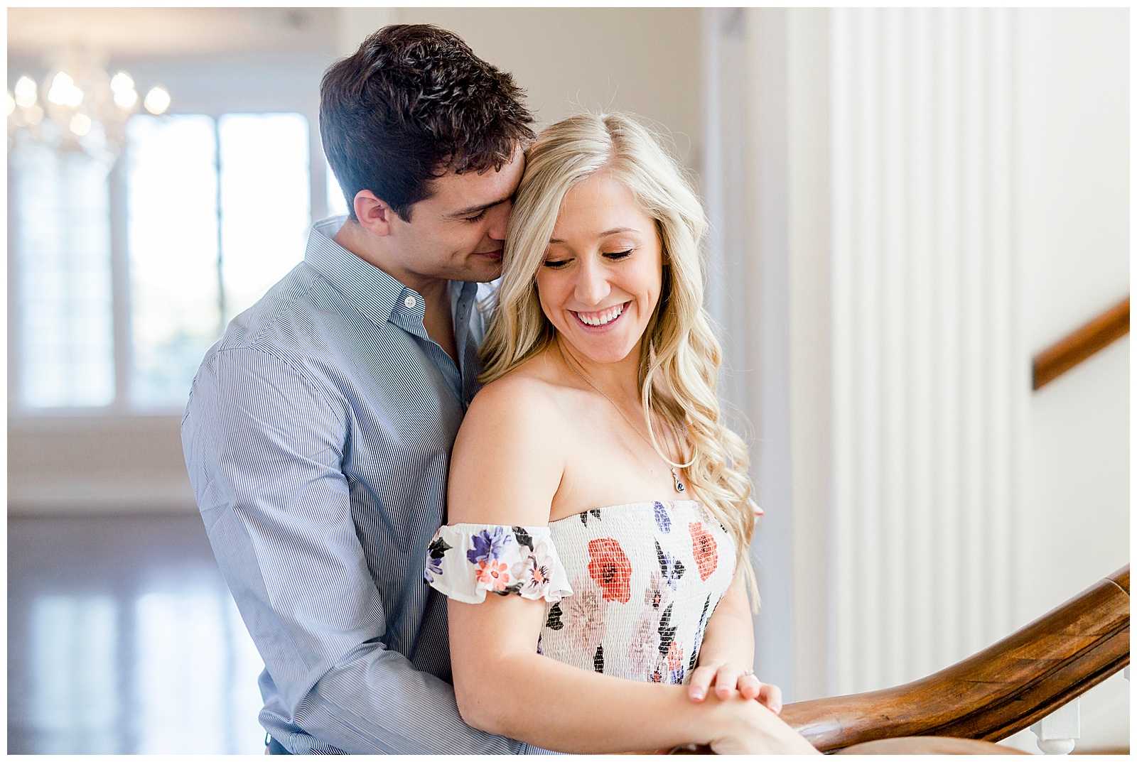 Adorable Couple Posing in Gorgeous Light and Airy Separk Mansion Engagement Session - classy cute floral maxi dress outfit ideas