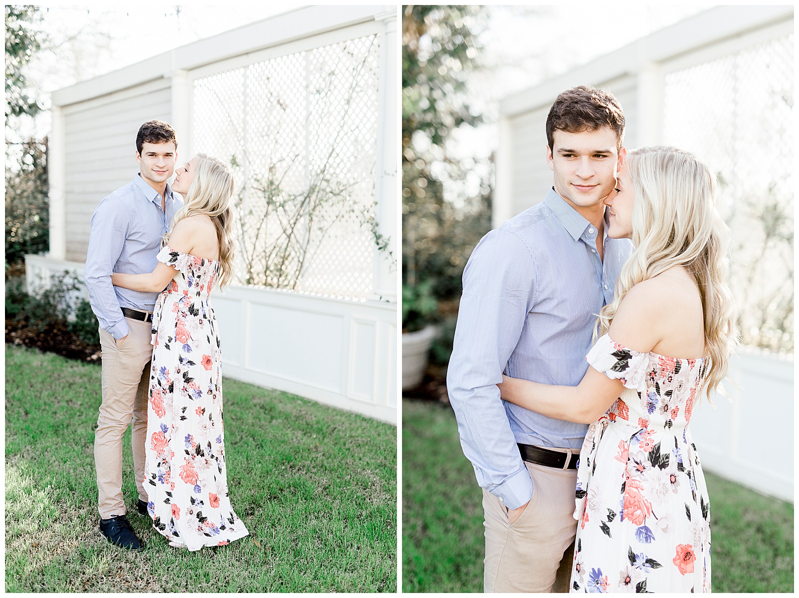 Adorable Couple Posing Outdoors in Gorgeous Light and Airy Separk Mansion Engagement Session - classy cute floral maxi dress outfit ideas