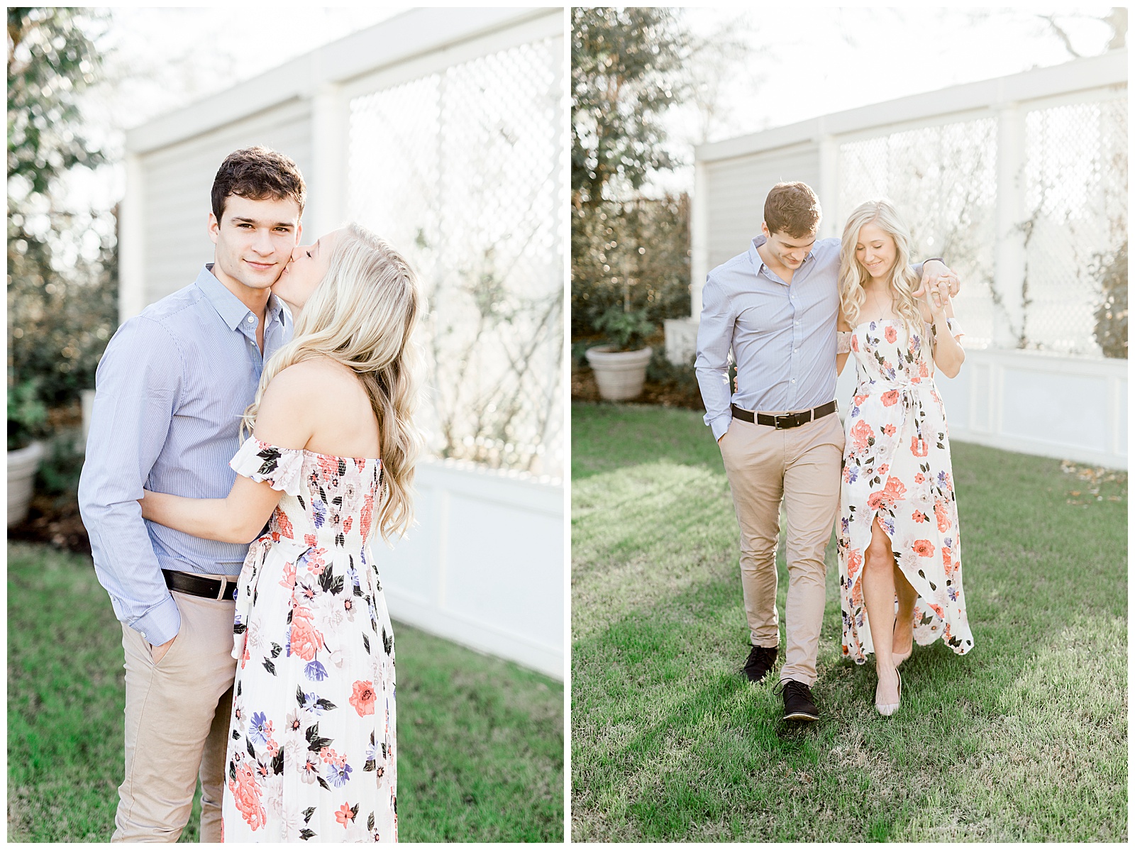 Adorable Couple Posing Outdoors in Gorgeous Light and Airy Separk Mansion Engagement Session - classy cute floral maxi dress outfit ideas