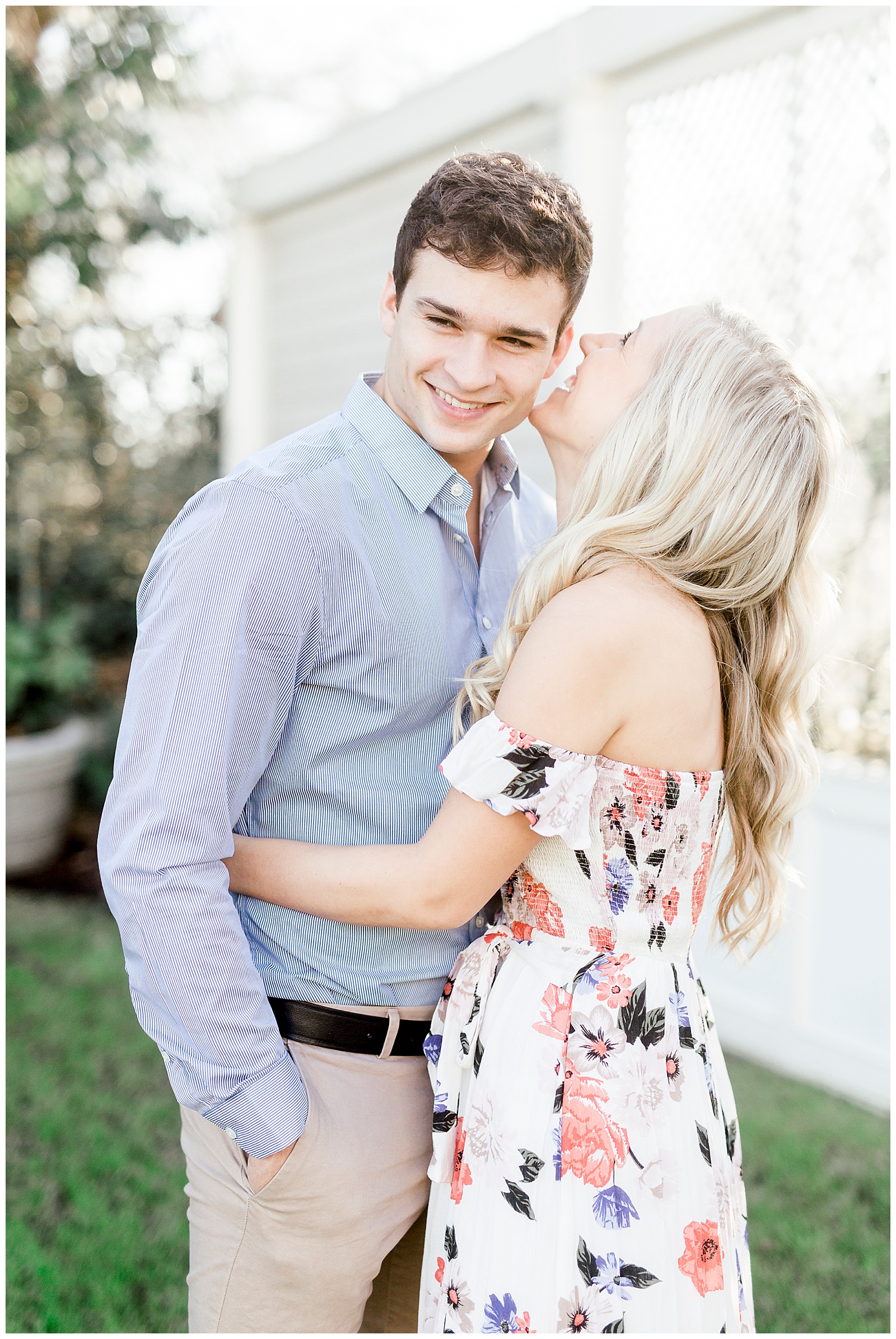 Adorable Couple Posing Outdoors in Gorgeous Light and Airy Separk Mansion Engagement Session - classy cute floral maxi dress outfit ideas