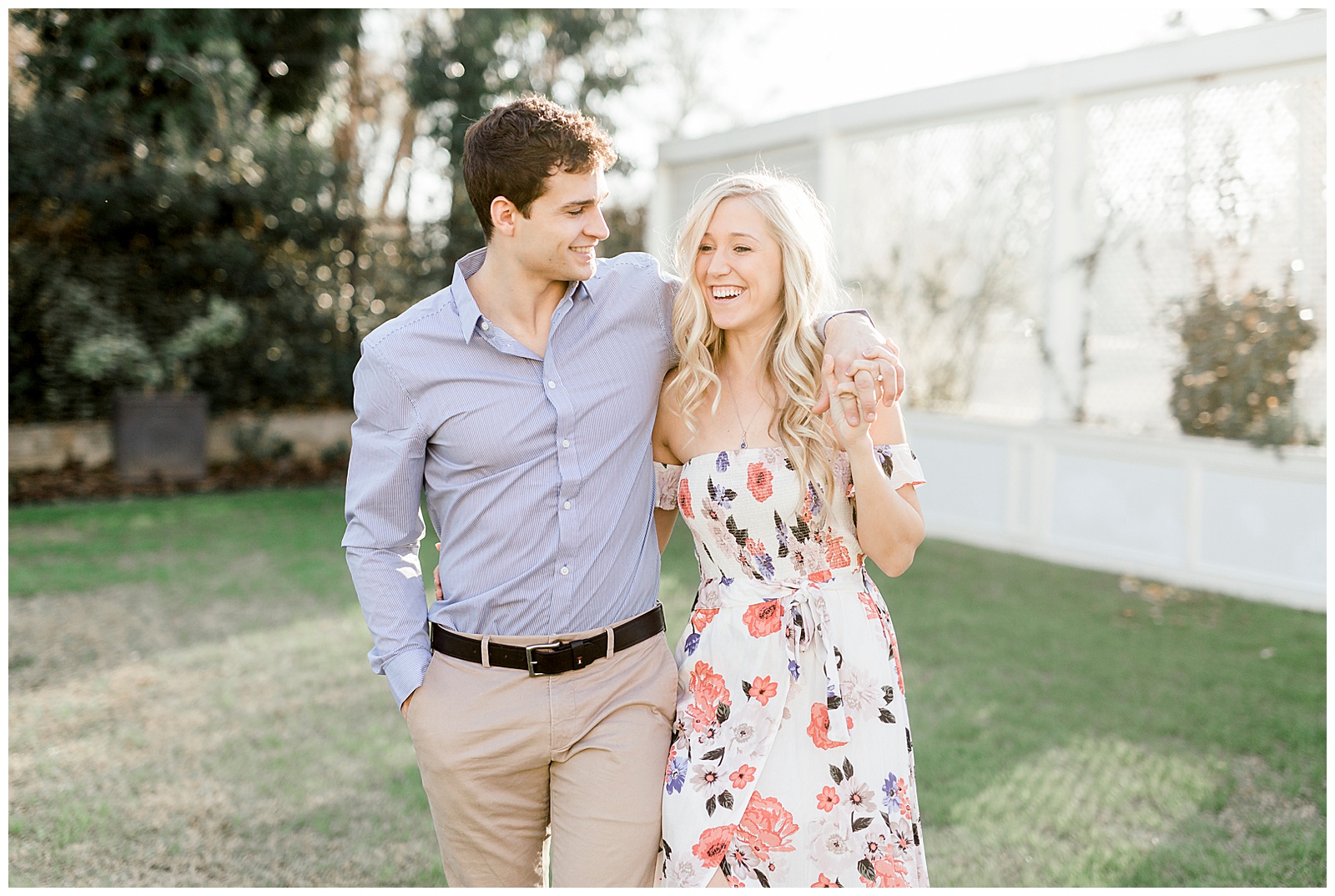 Adorable Couple Posing Outdoors in Gorgeous Light and Airy Separk Mansion Engagement Session - classy cute floral maxi dress outfit ideas
