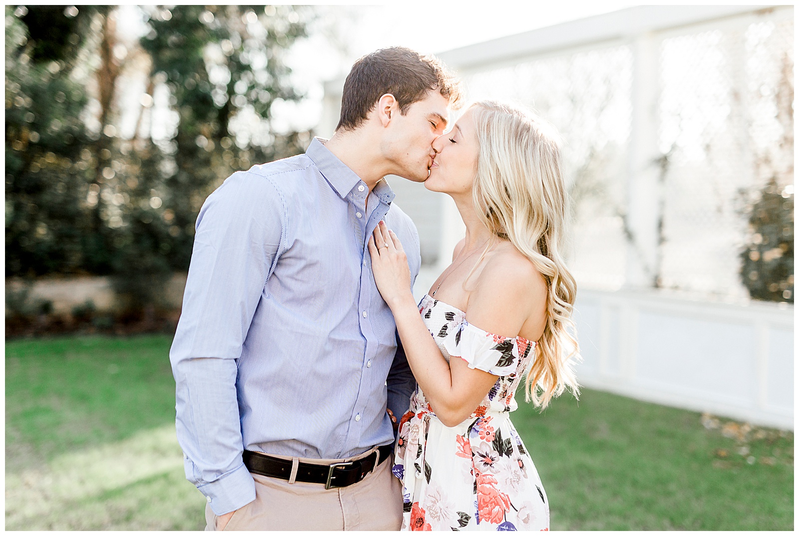 Adorable Couple Posing Outdoors in Gorgeous Light and Airy Separk Mansion Engagement Session - classy cute floral maxi dress outfit ideas