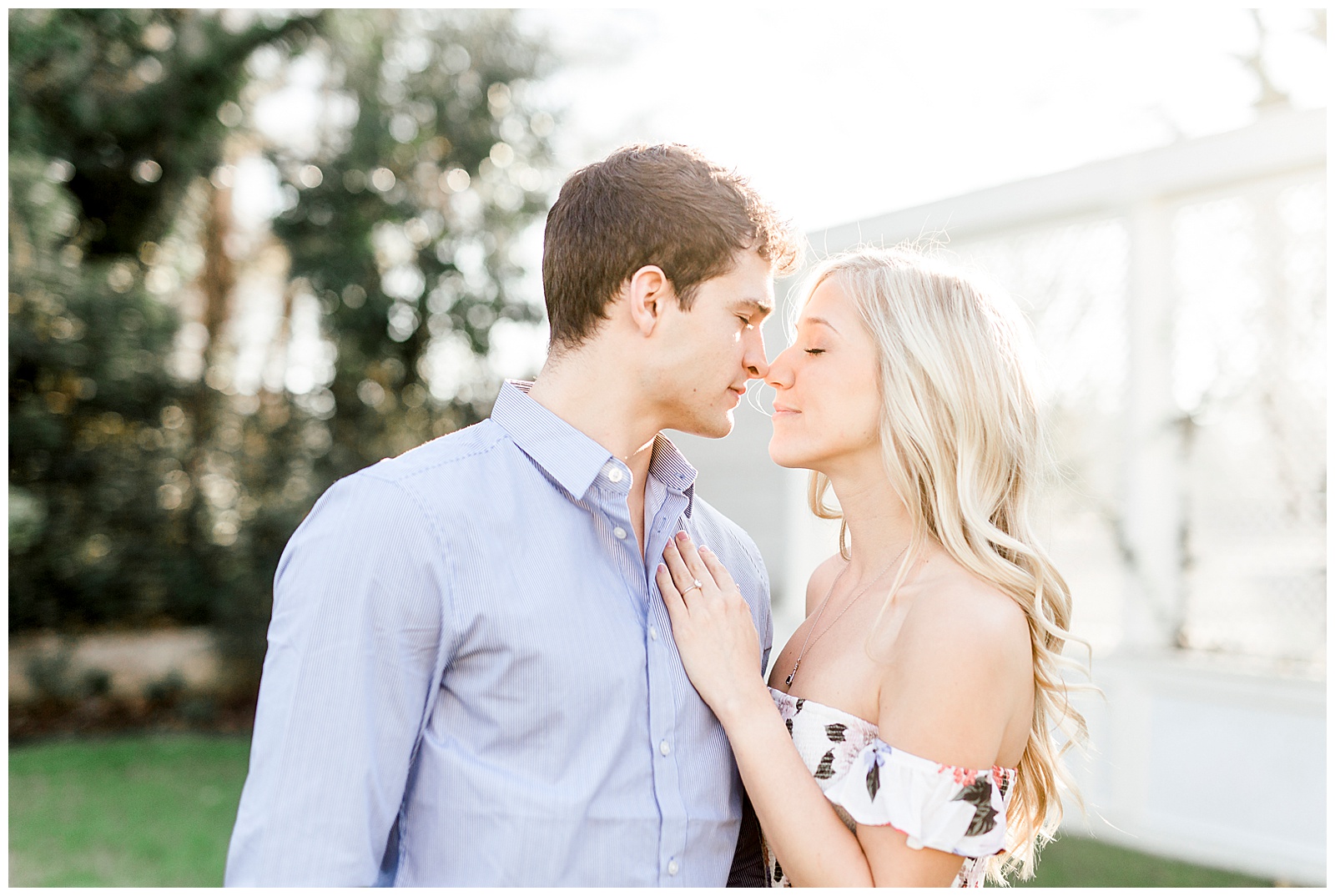 Adorable Couple Posing Outdoors in Gorgeous Light and Airy Separk Mansion Engagement Session - classy cute floral maxi dress outfit ideas