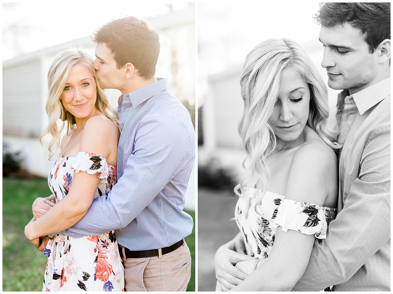 Adorable Couple Posing Outdoors in Gorgeous Light and Airy Separk Mansion Engagement Session - classy cute floral maxi dress outfit ideas