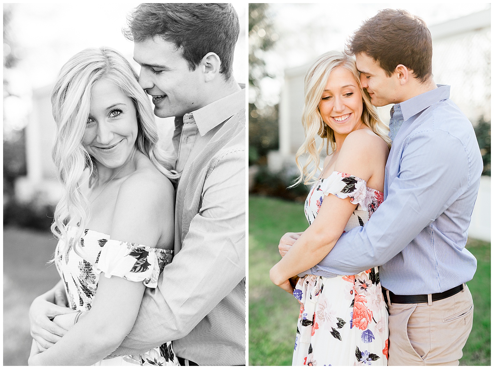 Adorable Couple Posing Outdoors in Gorgeous Light and Airy Separk Mansion Engagement Session - classy cute floral maxi dress outfit ideas