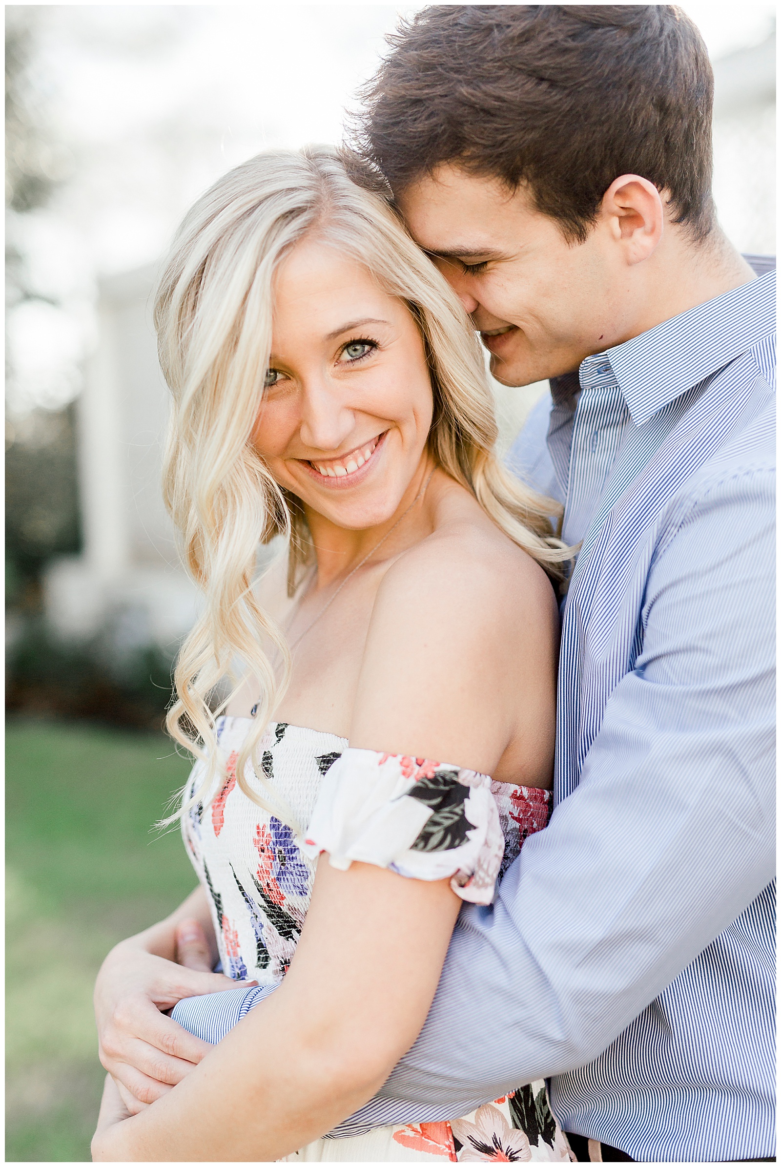 Adorable Couple Posing Outdoors in Gorgeous Light and Airy Separk Mansion Engagement Session - classy cute floral maxi dress outfit ideas