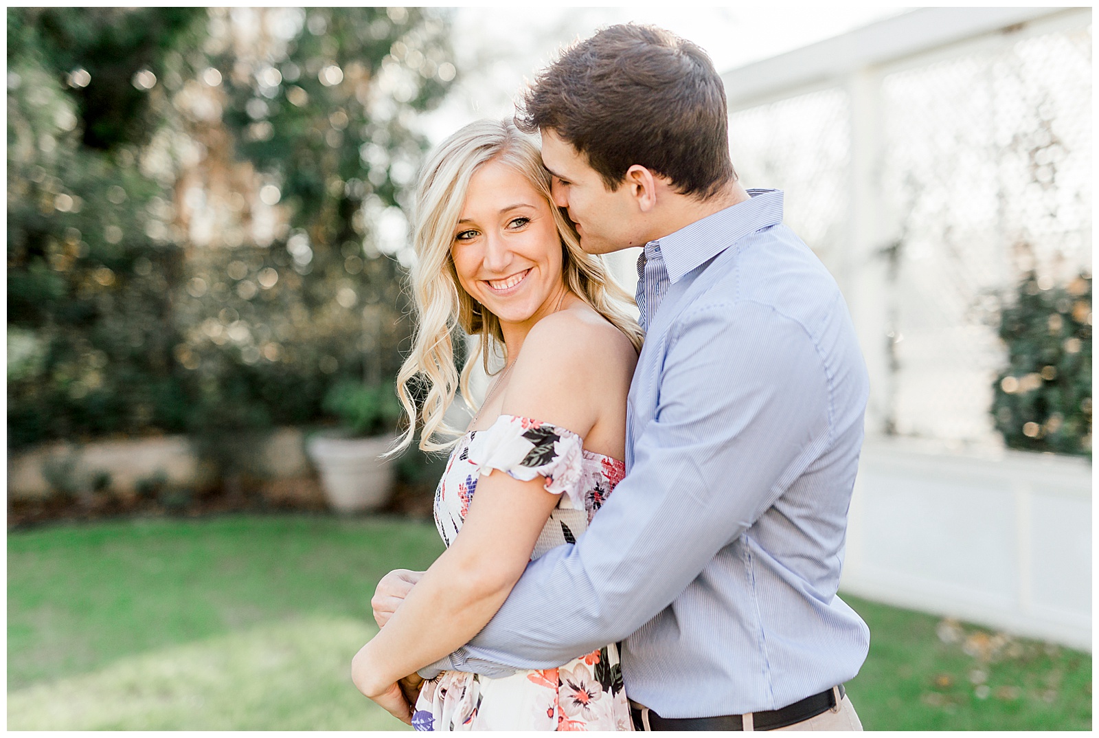 Adorable Couple Posing Outdoors in Gorgeous Light and Airy Separk Mansion Engagement Session - classy cute floral maxi dress outfit ideas