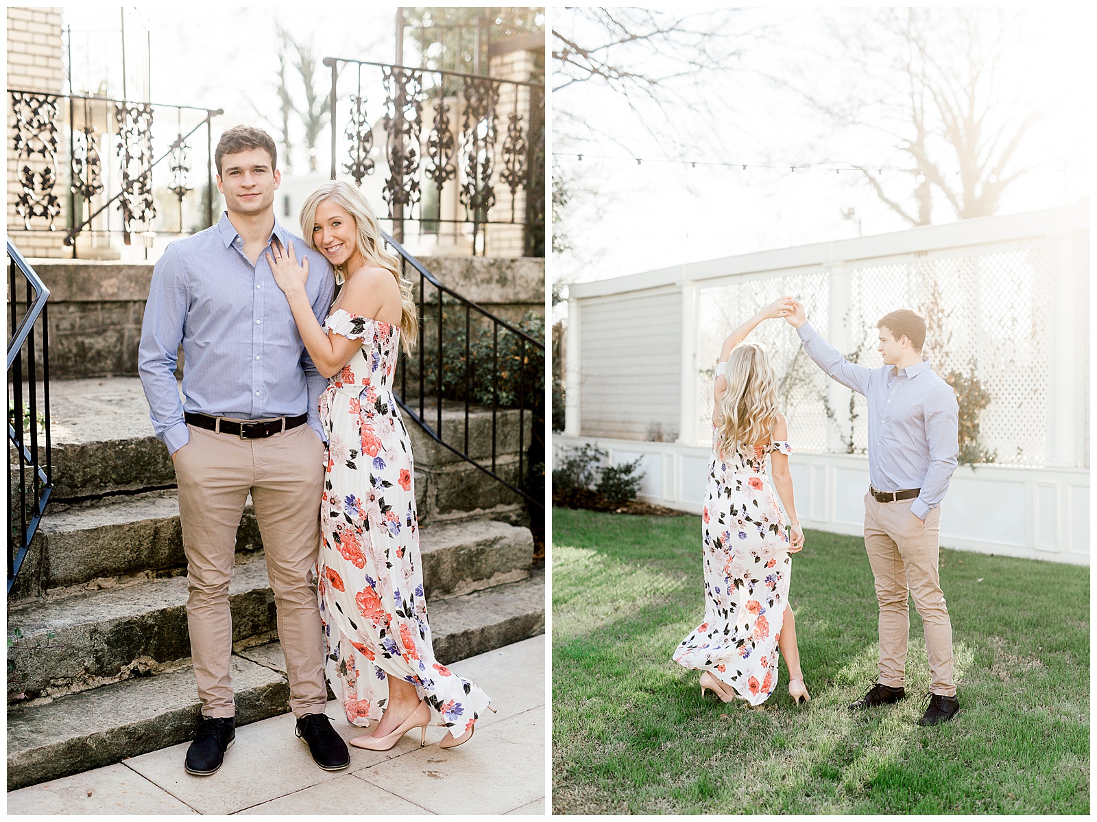 Adorable Couple Posing Outdoors in Gorgeous Light and Airy Separk Mansion Engagement Session - classy cute floral maxi dress outfit ideas