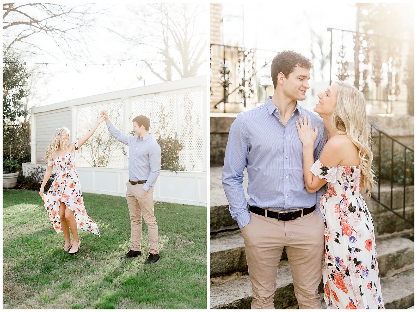 Adorable Couple Posing Outdoors in Gorgeous Light and Airy Separk Mansion Engagement Session - classy cute floral maxi dress outfit ideas