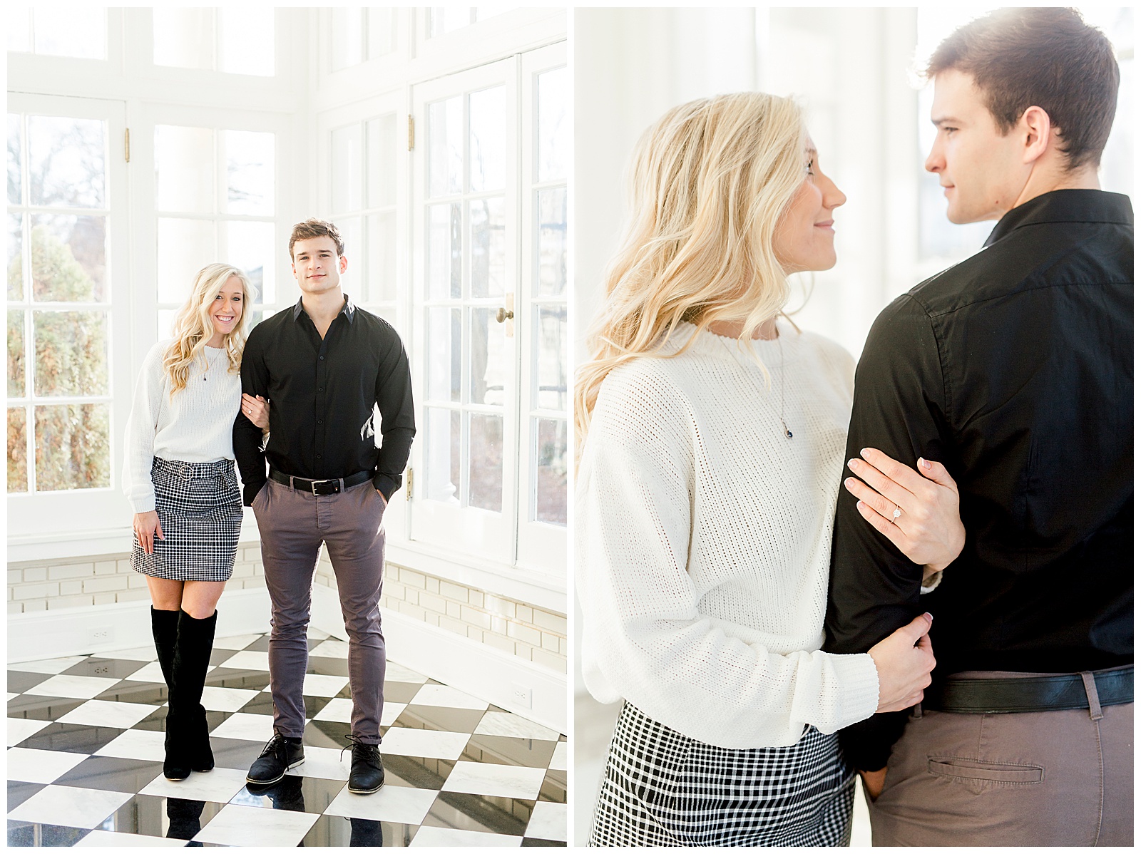 Adorable Couple Posing in Gorgeous Light and Airy Separk Mansion Engagement Session - classy cute white sweater pencil skirt and tall black boots outfit ideas
