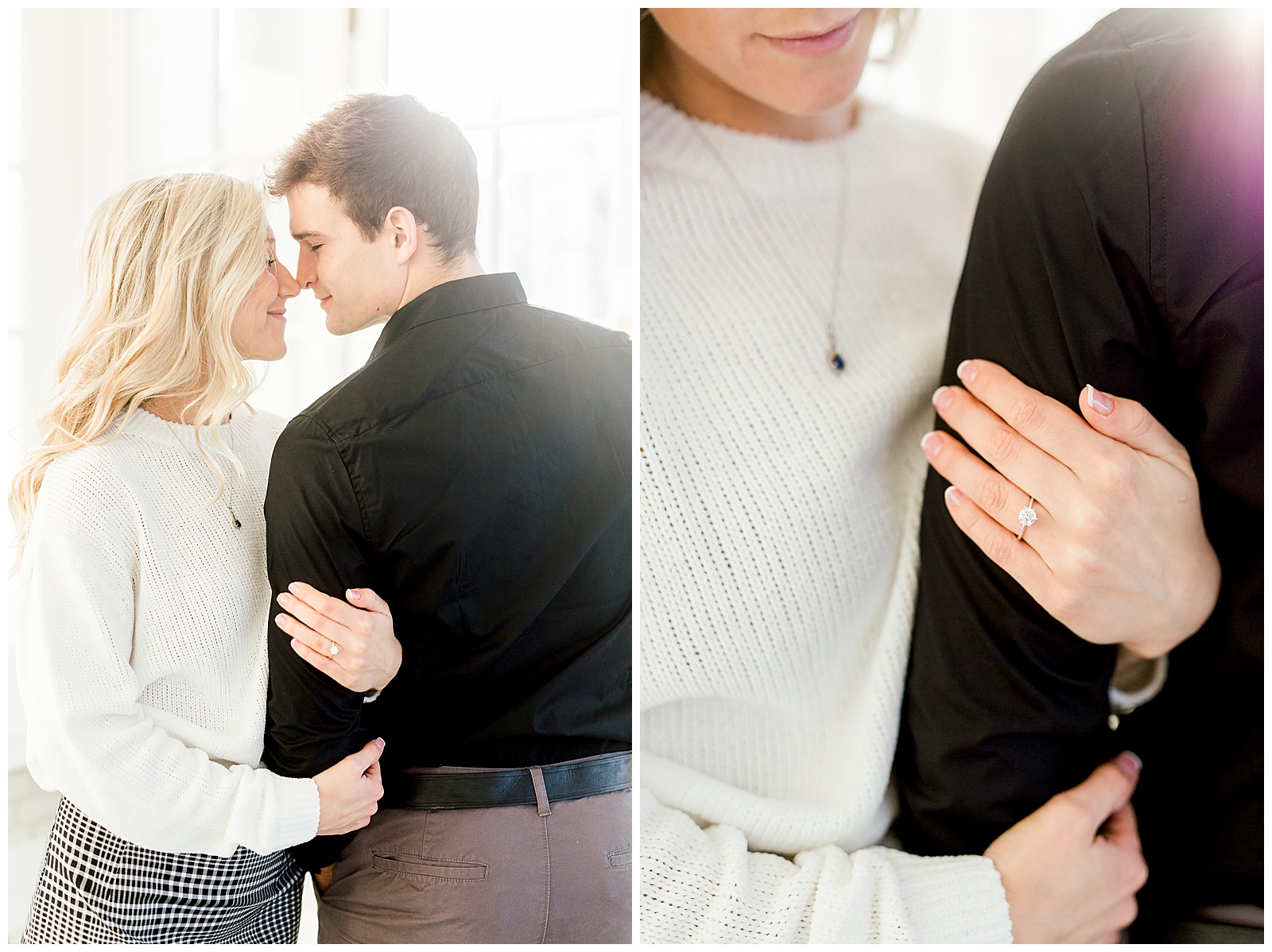 Adorable Couple Posing in Gorgeous Light and Airy Separk Mansion Engagement Session - classy cute white sweater pencil skirt and tall black boots outfit ideas