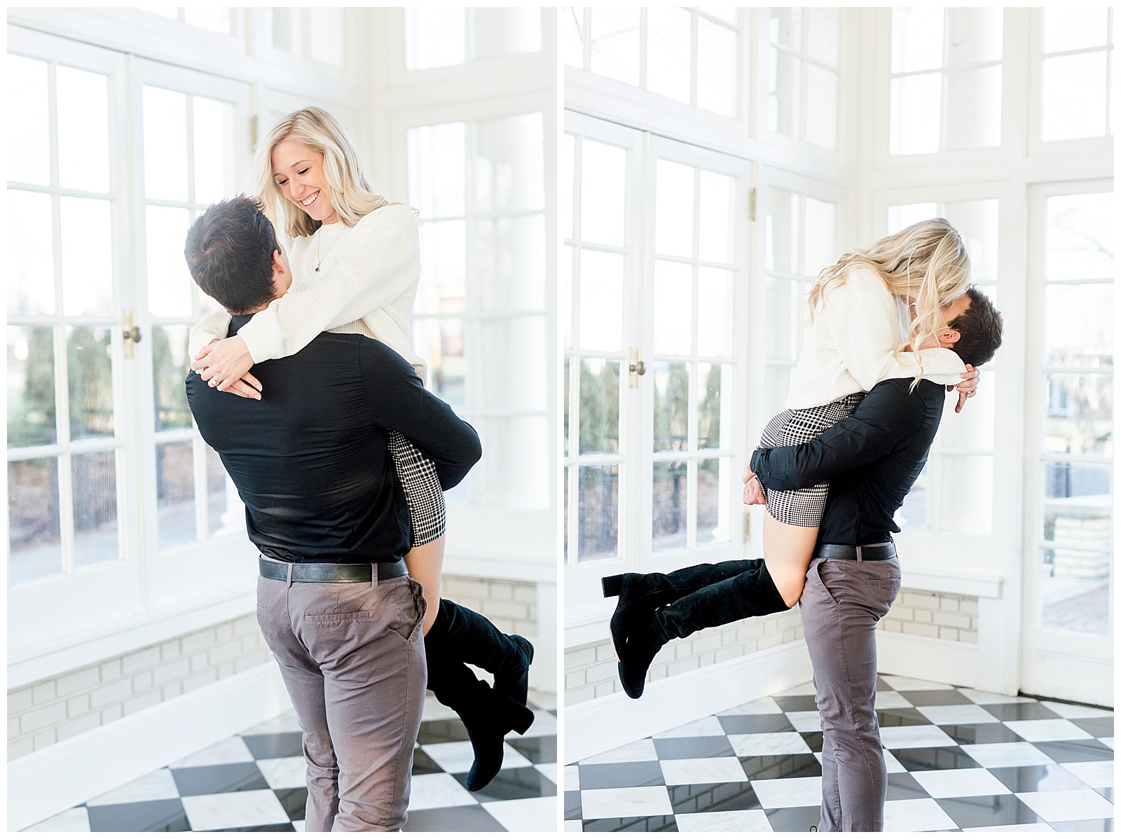 Adorable Couple Posing in Gorgeous Light and Airy Separk Mansion Engagement Session - classy cute white sweater pencil skirt and tall black boots outfit ideas