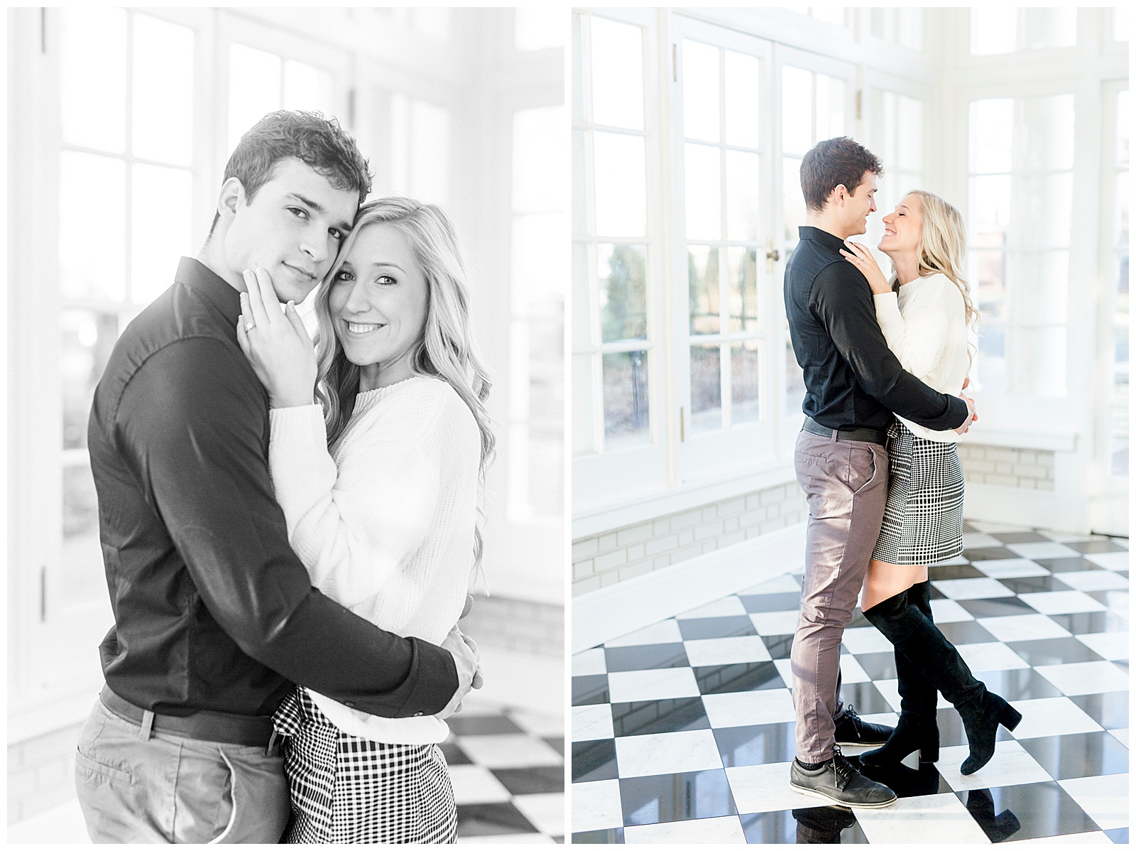 Adorable Couple Posing in Gorgeous Light and Airy Separk Mansion Engagement Session - classy cute white sweater pencil skirt and tall black boots outfit ideas