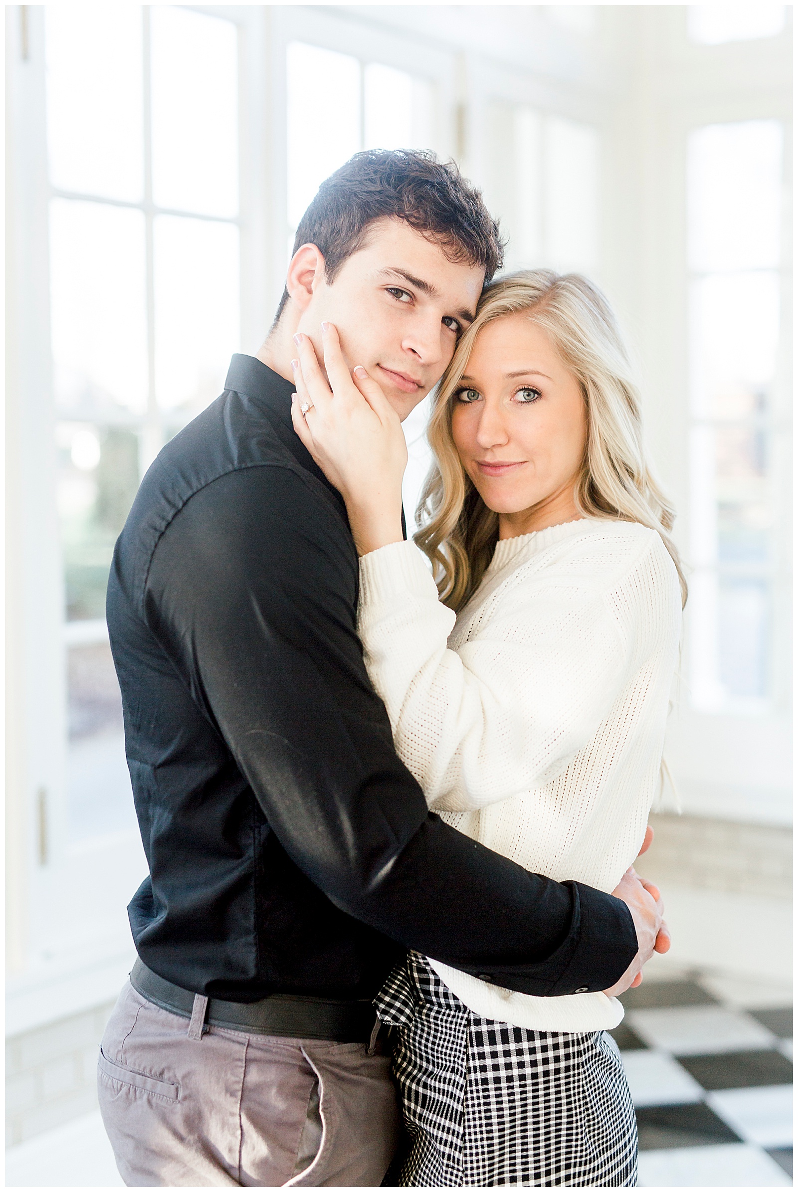 Adorable Couple Posing in Gorgeous Light and Airy Separk Mansion Engagement Session - classy cute white sweater pencil skirt and tall black boots outfit ideas