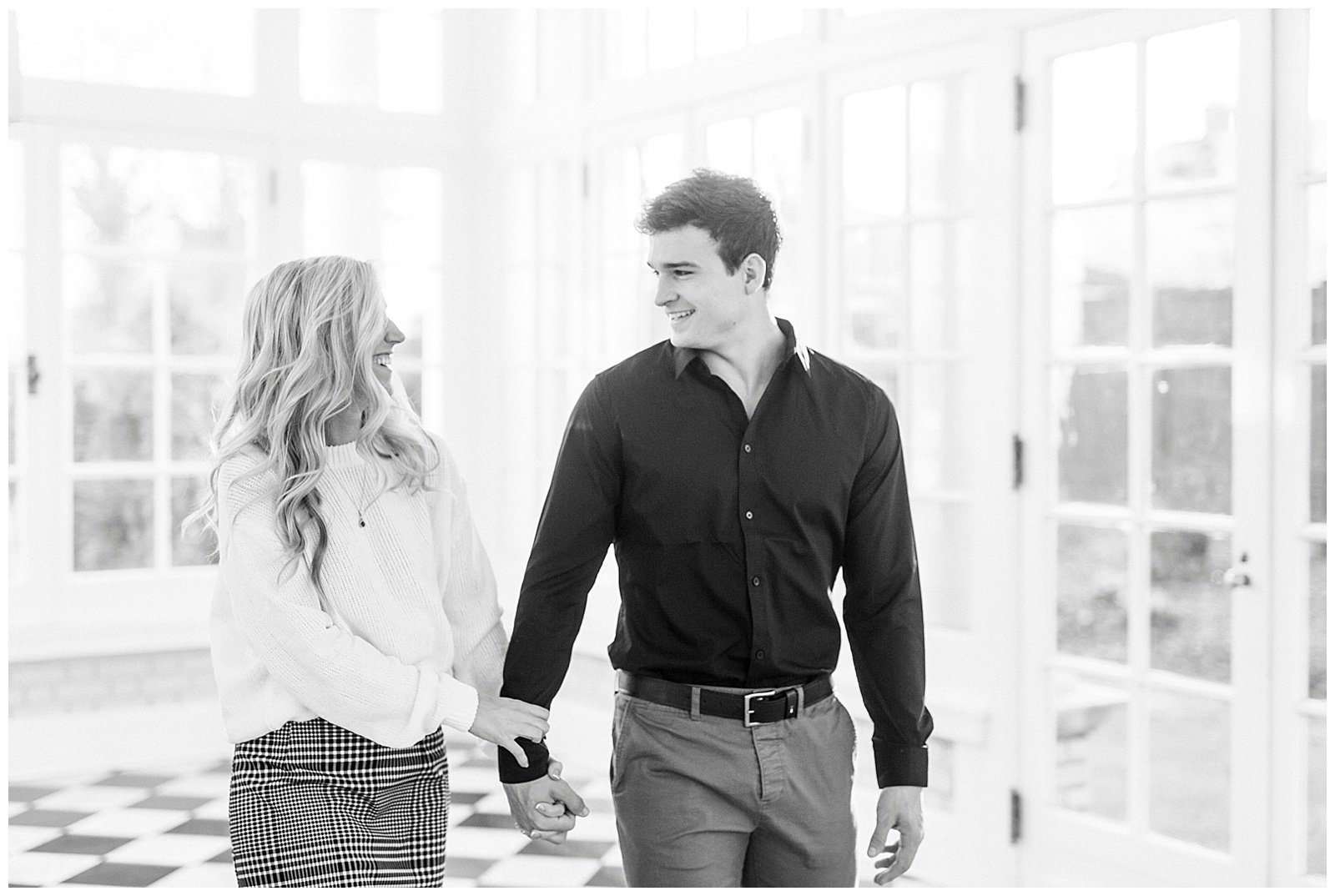 Adorable Couple Posing in Gorgeous Light and Airy Separk Mansion Engagement Session - classy cute white sweater pencil skirt and tall black boots outfit ideas