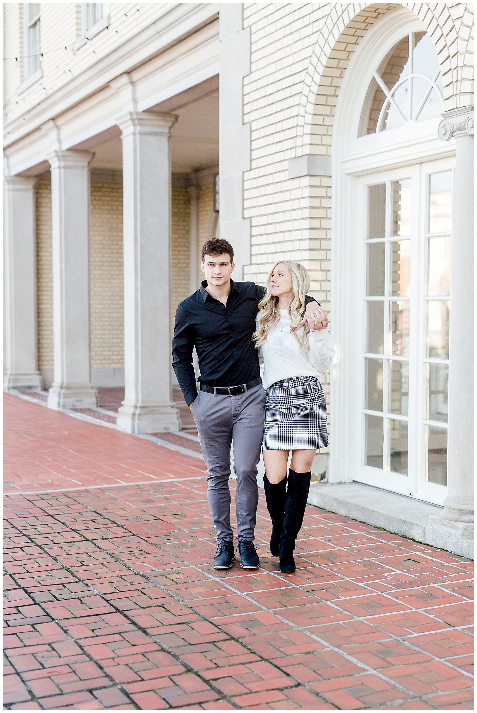 Adorable Couple Posing Outdoors in Gorgeous Light and Airy Separk Mansion Winter Engagement Session - classy cute white sweater pencil skirt and tall black boots outfit ideas
