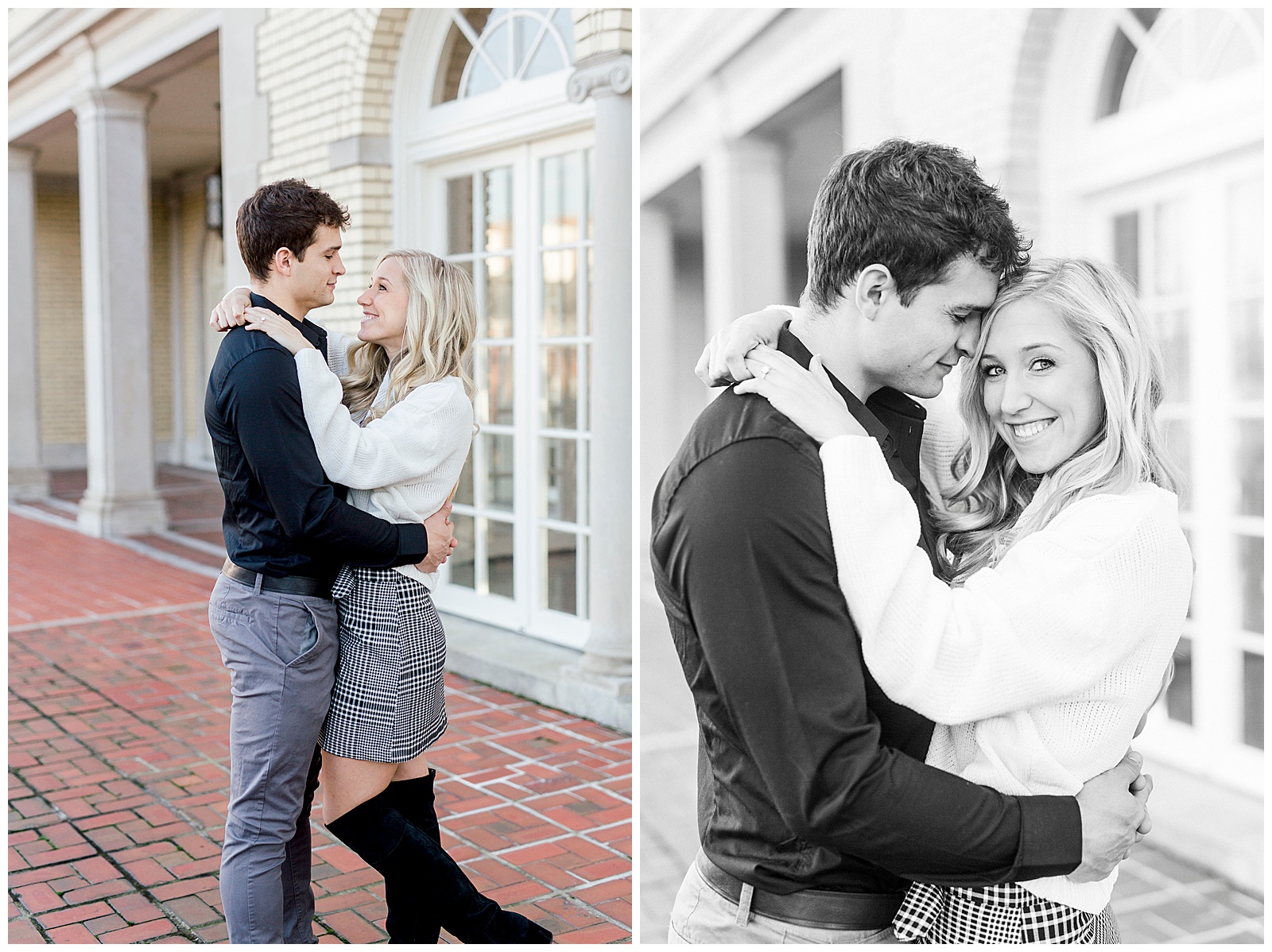Adorable Couple Posing Outdoors in Gorgeous Light and Airy Separk Mansion Winter Engagement Session - classy cute white sweater pencil skirt and tall black boots outfit ideas