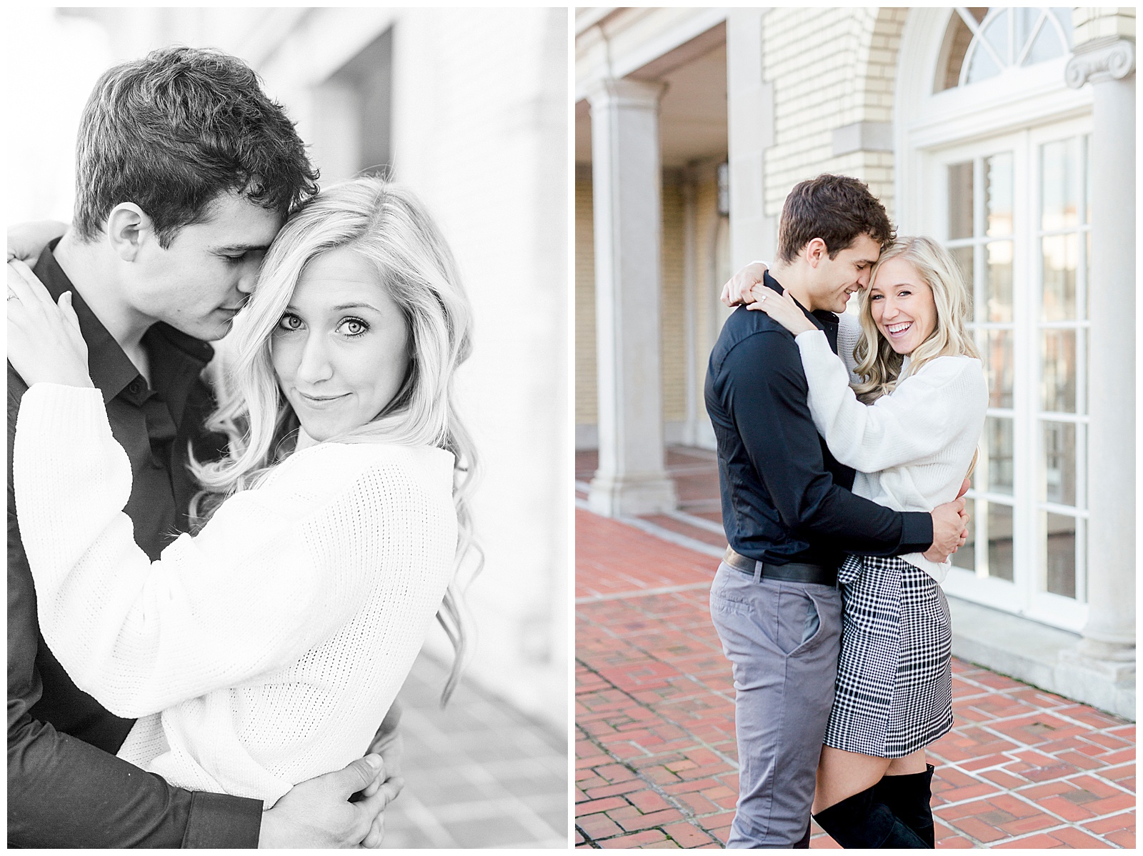 Adorable Couple Posing Outdoors in Gorgeous Light and Airy Separk Mansion Winter Engagement Session - classy cute white sweater pencil skirt and tall black boots outfit ideas