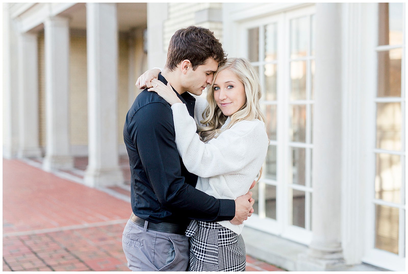 Adorable Couple Posing Outdoors in Gorgeous Light and Airy Separk Mansion Winter Engagement Session - classy cute white sweater pencil skirt and tall black boots outfit ideas