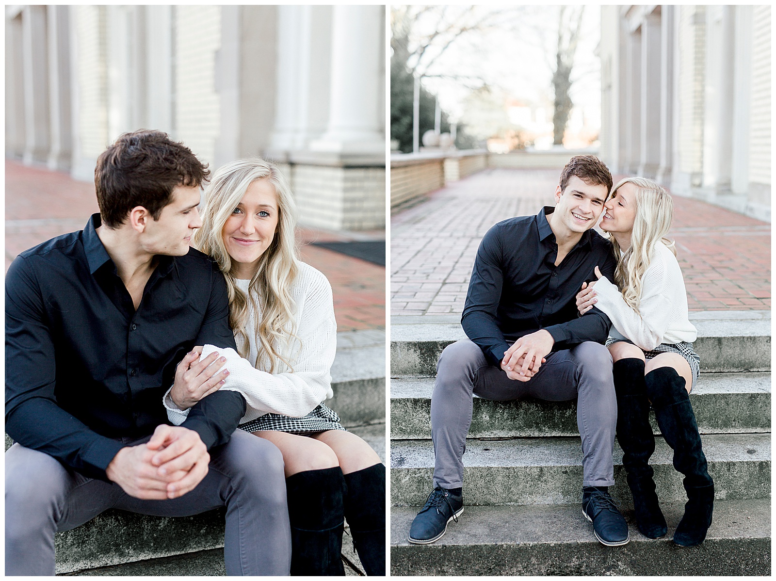Adorable Couple Posing Outdoors in Gorgeous Light and Airy Separk Mansion Winter Engagement Session - classy cute white sweater pencil skirt and tall black boots outfit ideas