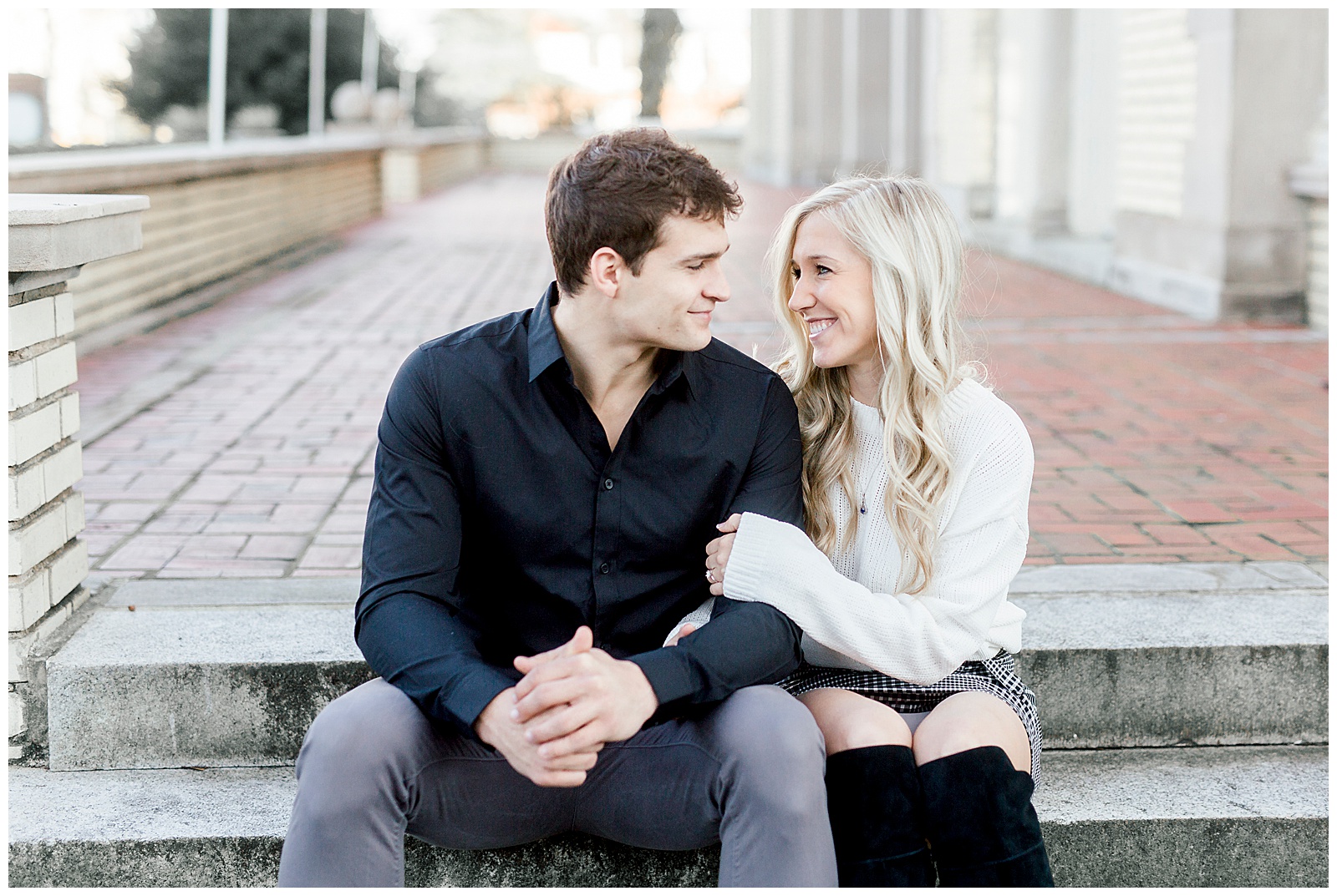 Adorable Couple Posing Outdoors in Gorgeous Light and Airy Separk Mansion Winter Engagement Session - classy cute white sweater pencil skirt and tall black boots outfit ideas