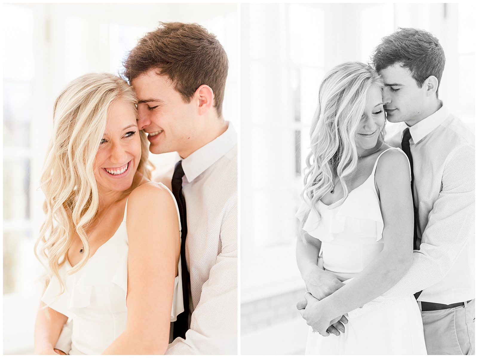 Adorable Couple Posing in Gorgeous Light and Airy Separk Mansion Engagement Session - classy black and white dress outfit ideas