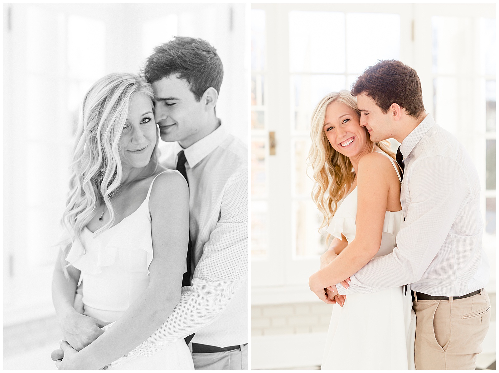 Adorable Couple Posing in Gorgeous Light and Airy Separk Mansion Engagement Session - classy black and white dress outfit ideas