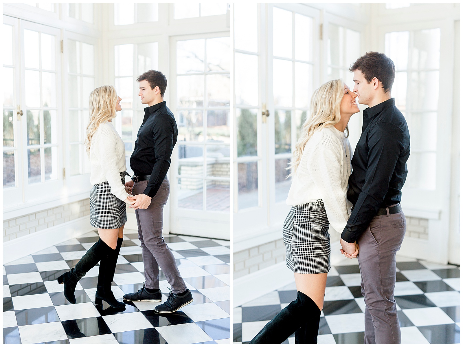 Adorable Couple Posing in Gorgeous Light and Airy Separk Mansion Engagement Session - classy cute white sweater pencil skirt and tall black boots outfit ideas