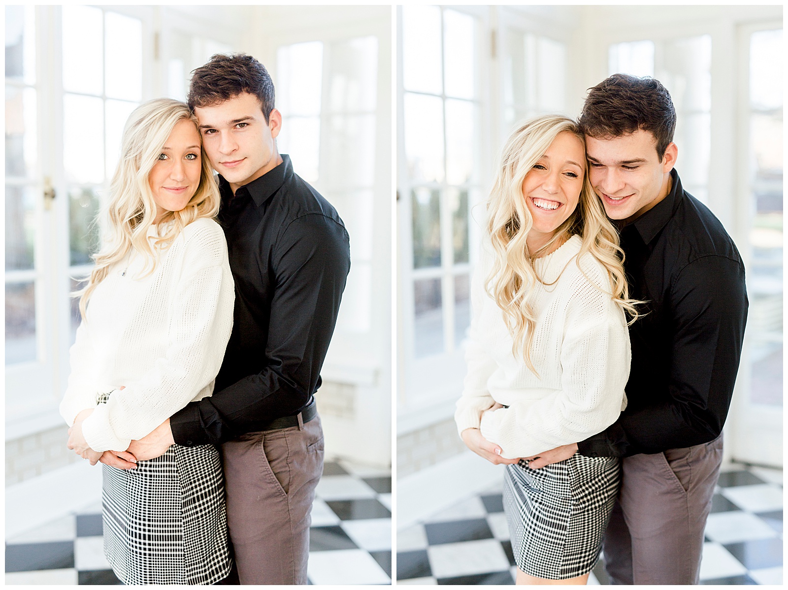 Adorable Couple Posing in Gorgeous Light and Airy Separk Mansion Engagement Session - classy cute white sweater pencil skirt and tall black boots outfit ideas
