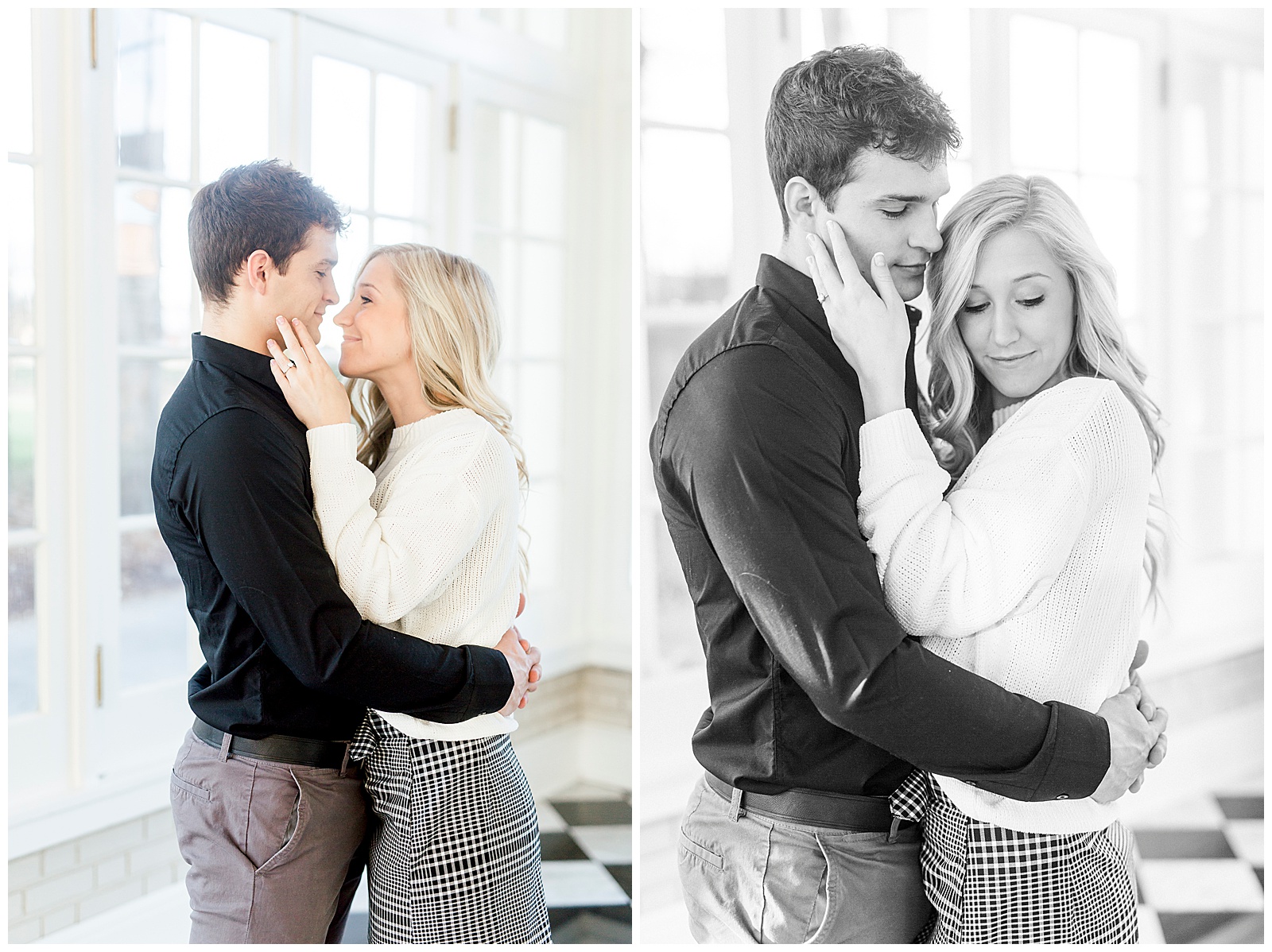 Adorable Couple Posing in Gorgeous Light and Airy Separk Mansion Engagement Session - classy cute white sweater pencil skirt and tall black boots outfit ideas