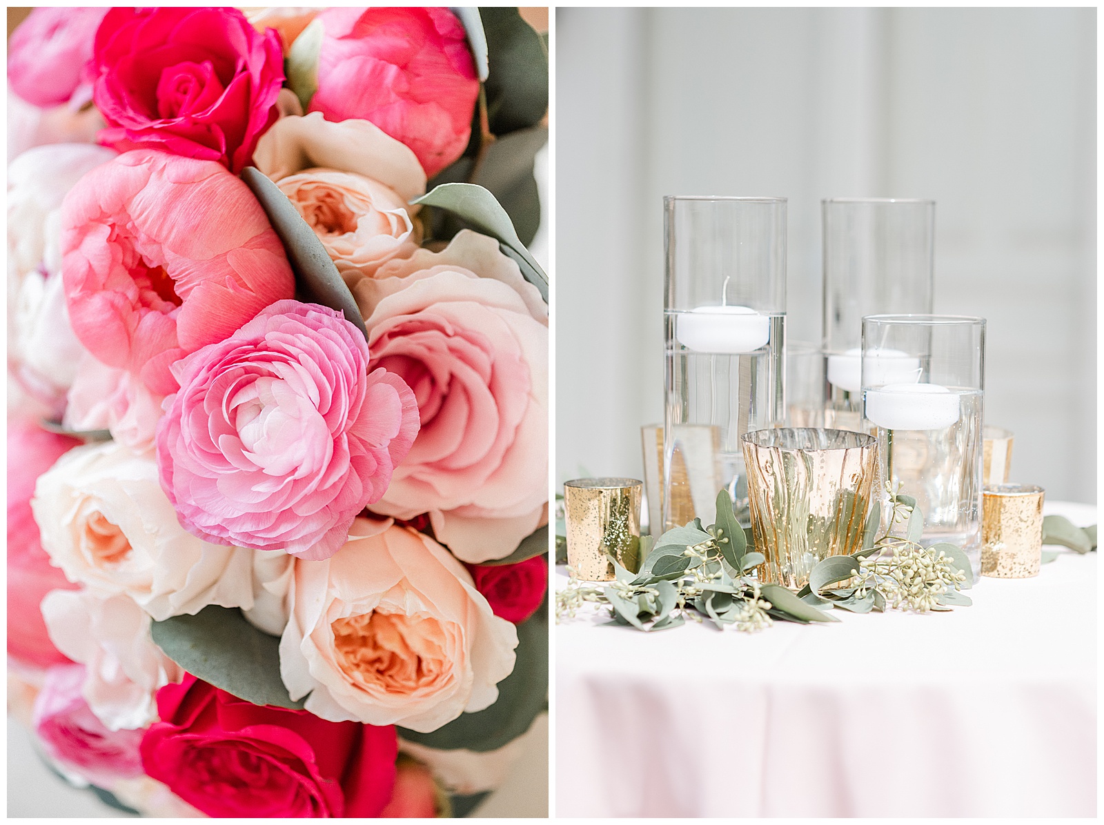 Pink Floral Bouquet Detail and Table Setting from Light and Airy Outdoor Wedding at Separk Mansion in Gastonia, NC | Kevyn Dixon Photography